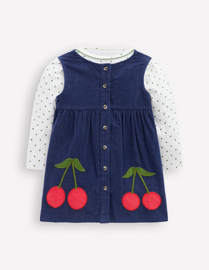 Woven Pinny Dress Set-College Navy Cherries-1