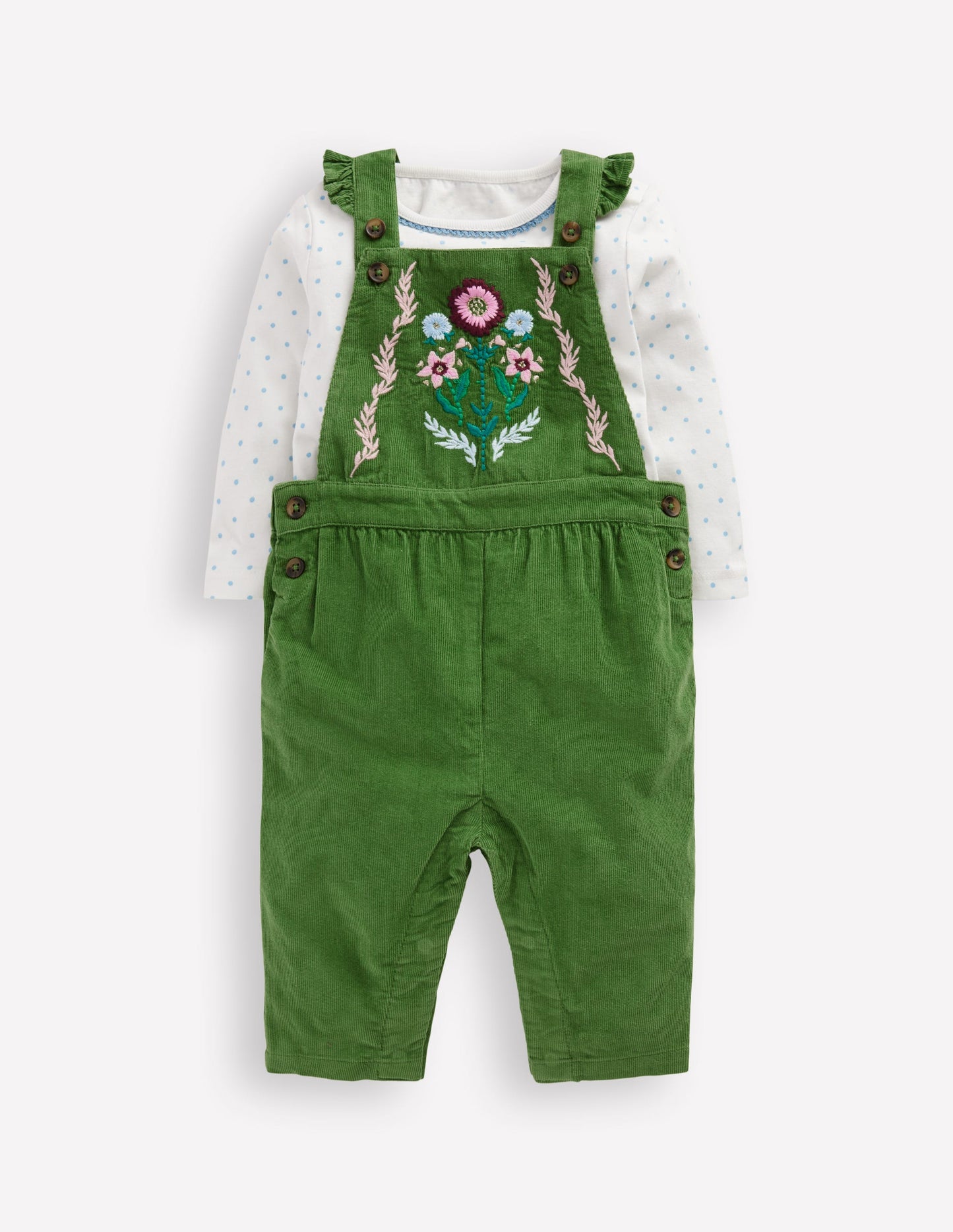 Woven Dungaree Set-Broccoli Green Embroidered