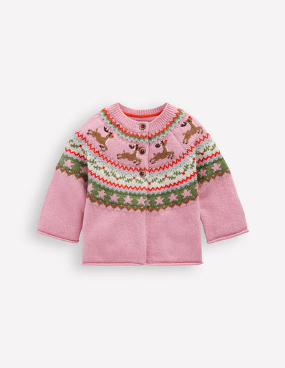 Edie Fair Isle Cardigan-Pink Festive Reindeer-1