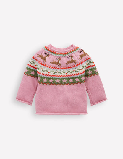 Edie Fair Isle Cardigan-Pink Festive Reindeer-2