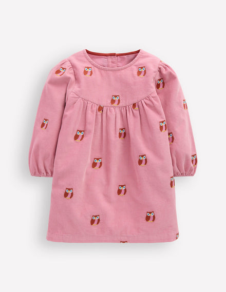 Yoke Detail Woven Dress-Pink Embroidered Owls