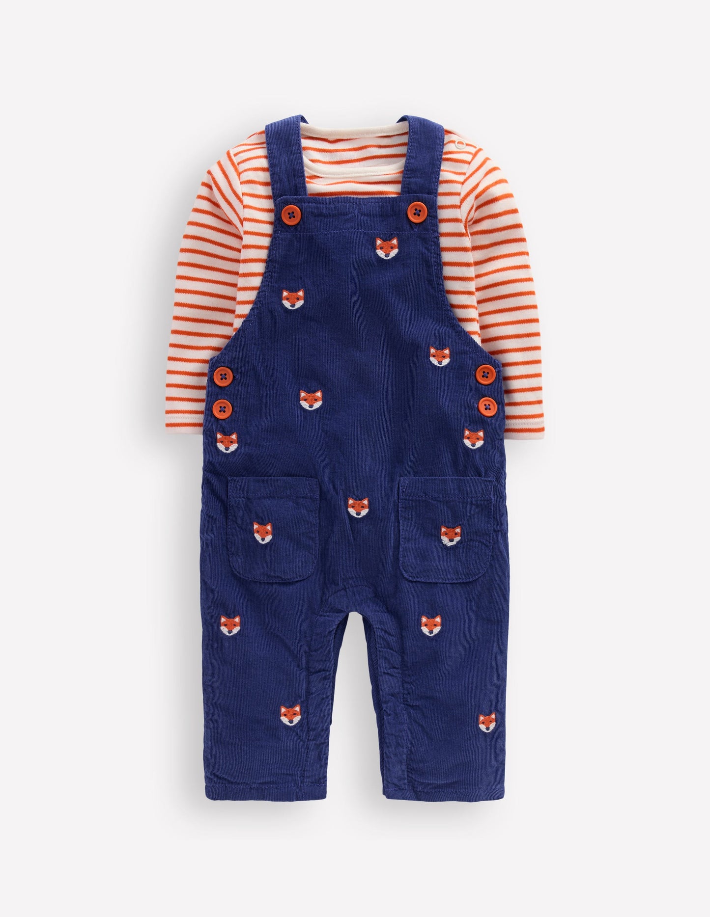 Novelty Cord Dungarees Set-Navy Fox Embroidery