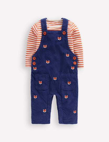 Novelty Cord Dungarees Set-Navy Fox Embroidery-1