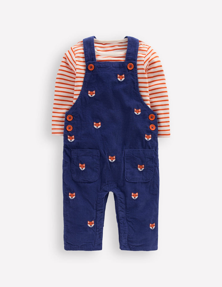Novelty Cord Dungarees Set-Navy Fox Embroidery