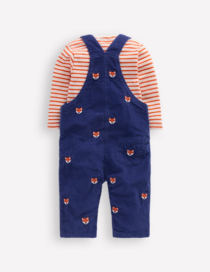 Novelty Cord Dungarees Set-Navy Fox Embroidery-2