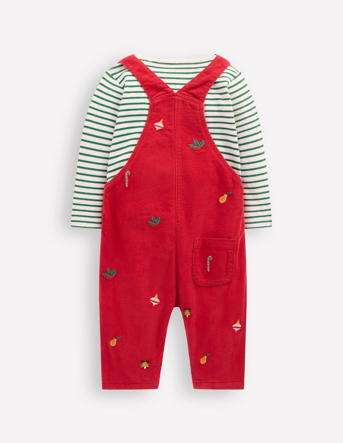Novelty Cord Dungarees Set-Red Christmas Embroidery