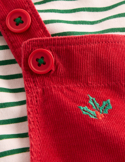 Novelty Cord Dungarees Set-Red Christmas Embroidery-3