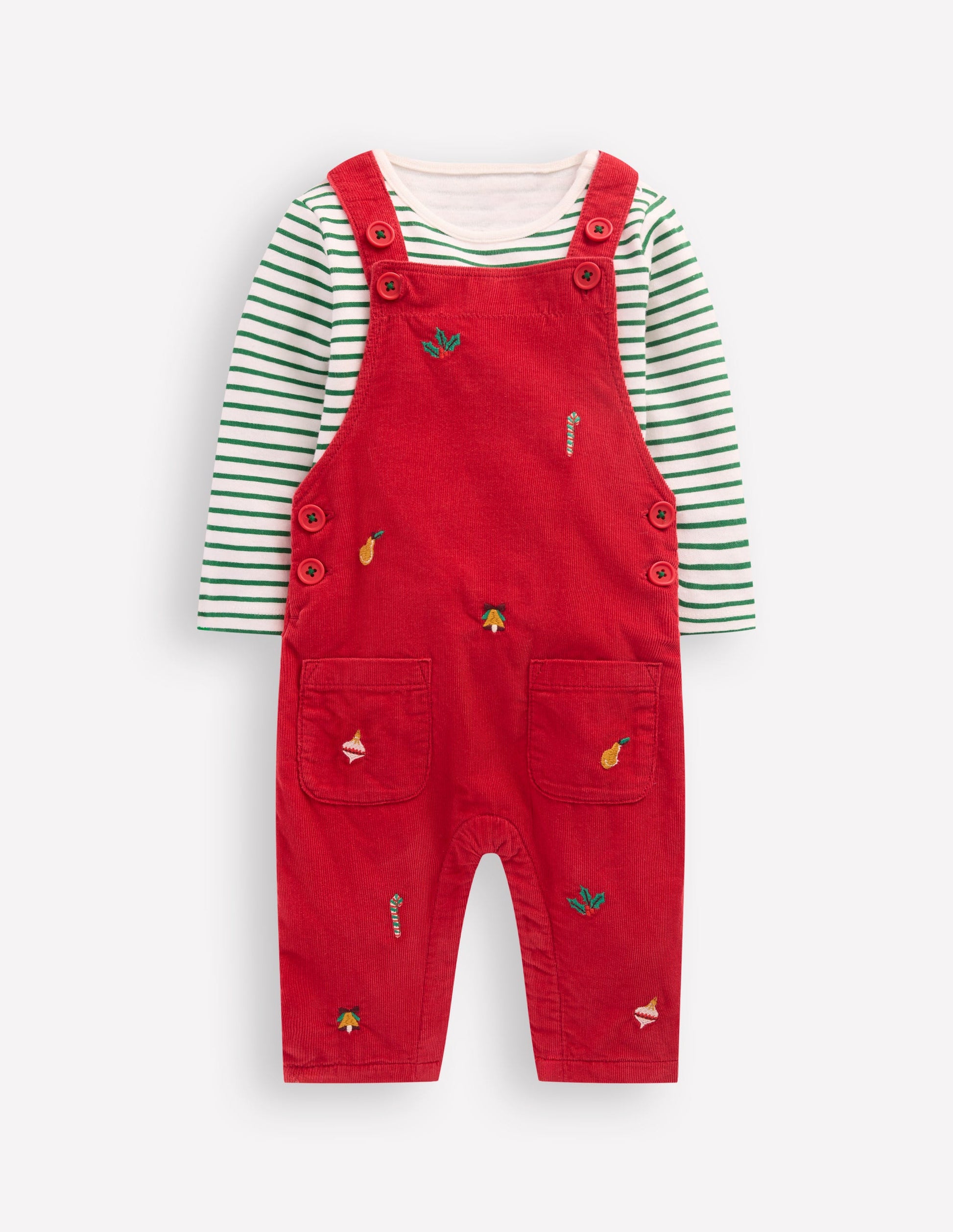 Novelty Cord Dungarees Set-Red Christmas Embroidery-1