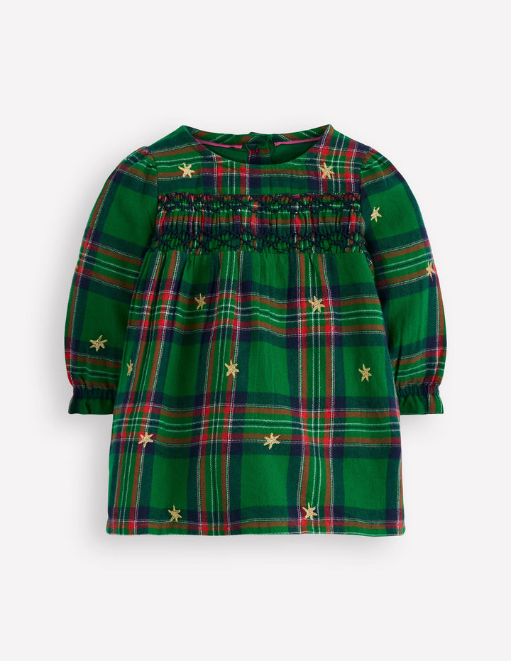 Smocked Occasion Dress-Green Check