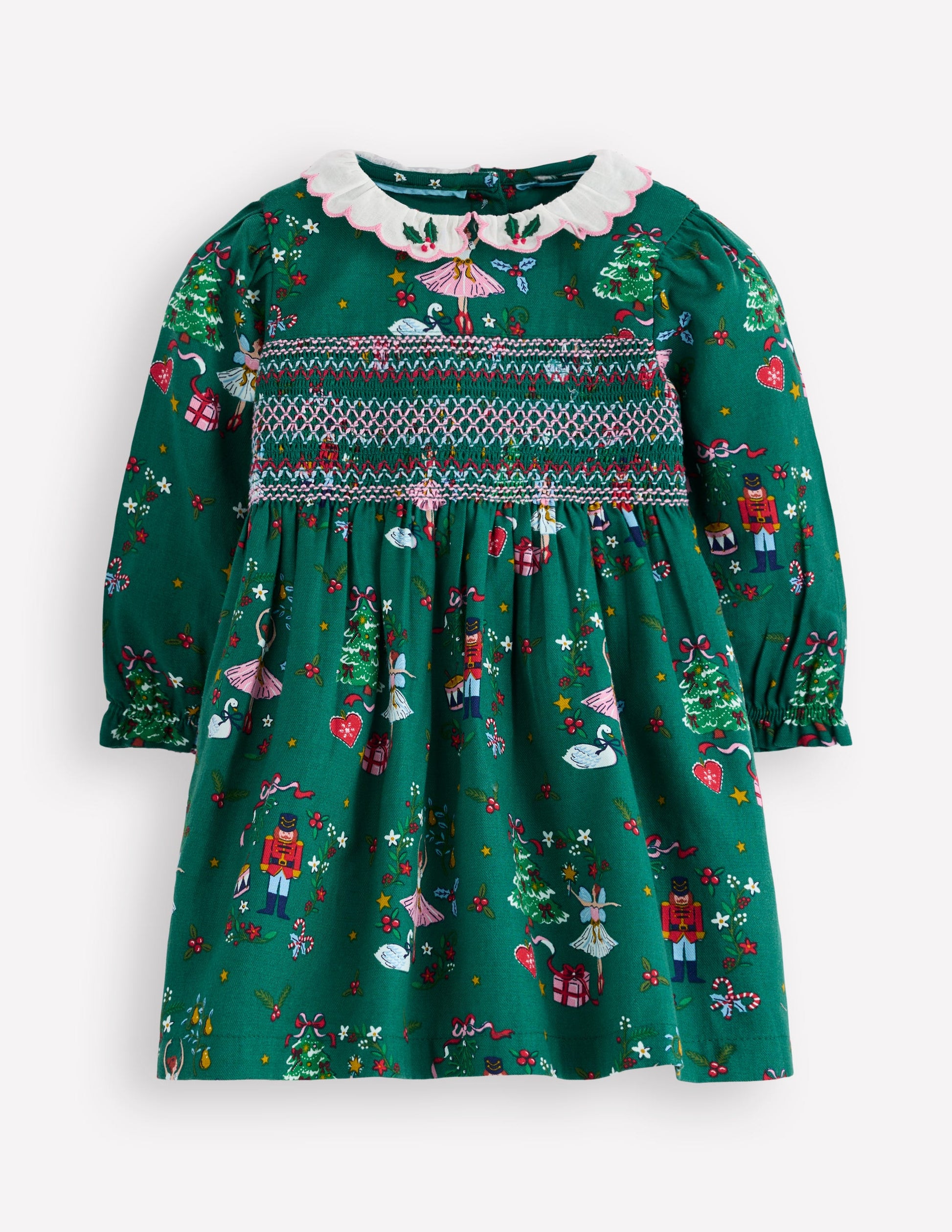 Smocked Party Dress-Alpine Green Festive-1