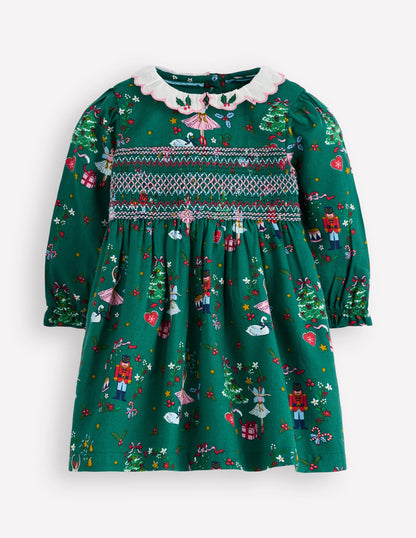 Smocked Party Dress-Alpine Green Festive-1
