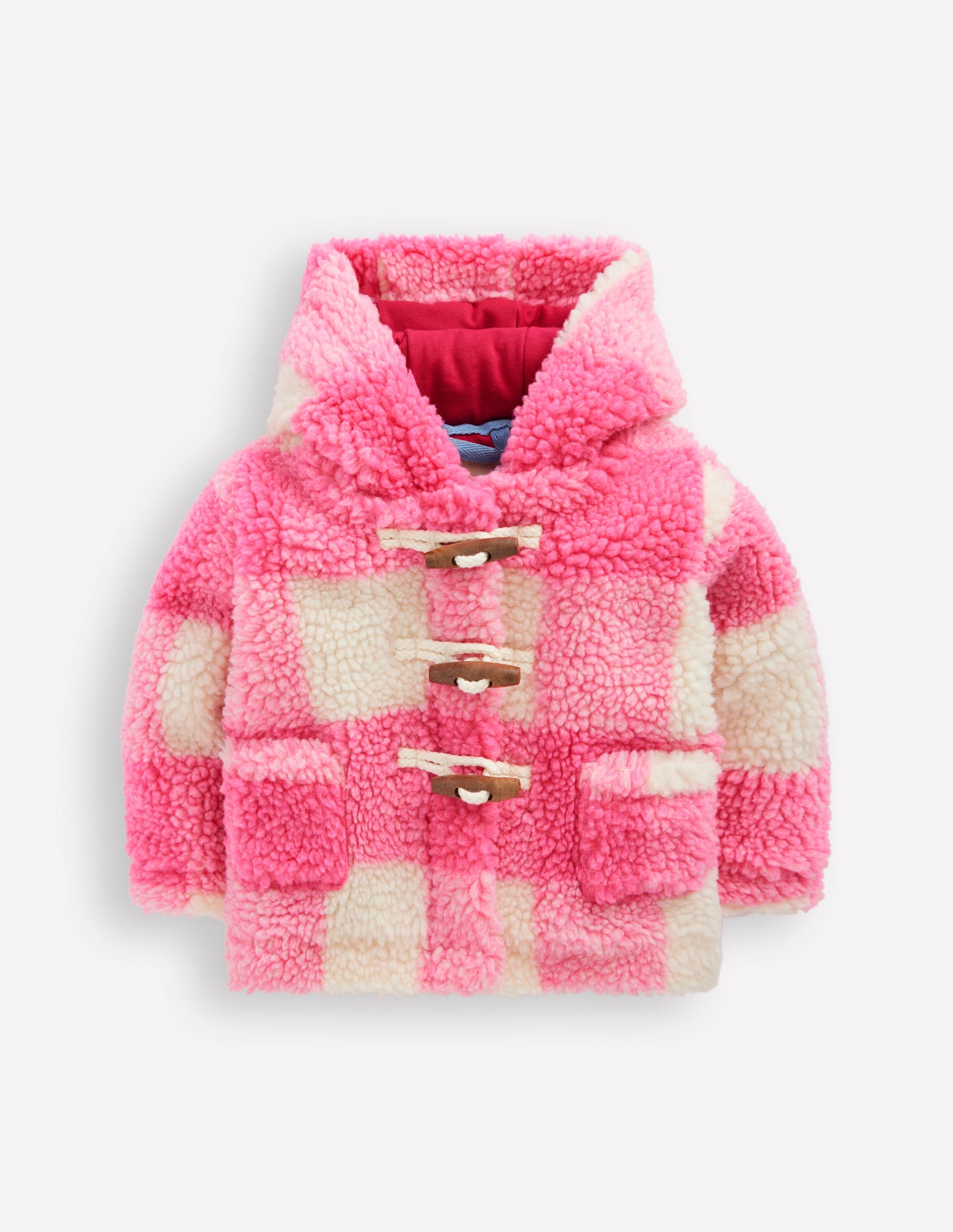 Girls Borg Duffle Coat-Pink Check-1