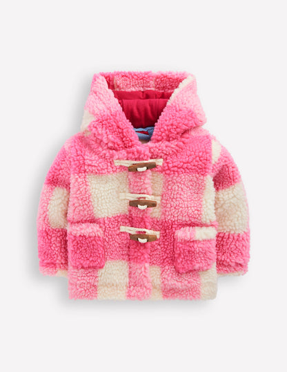Girls Borg Duffle Coat-Pink Check-1