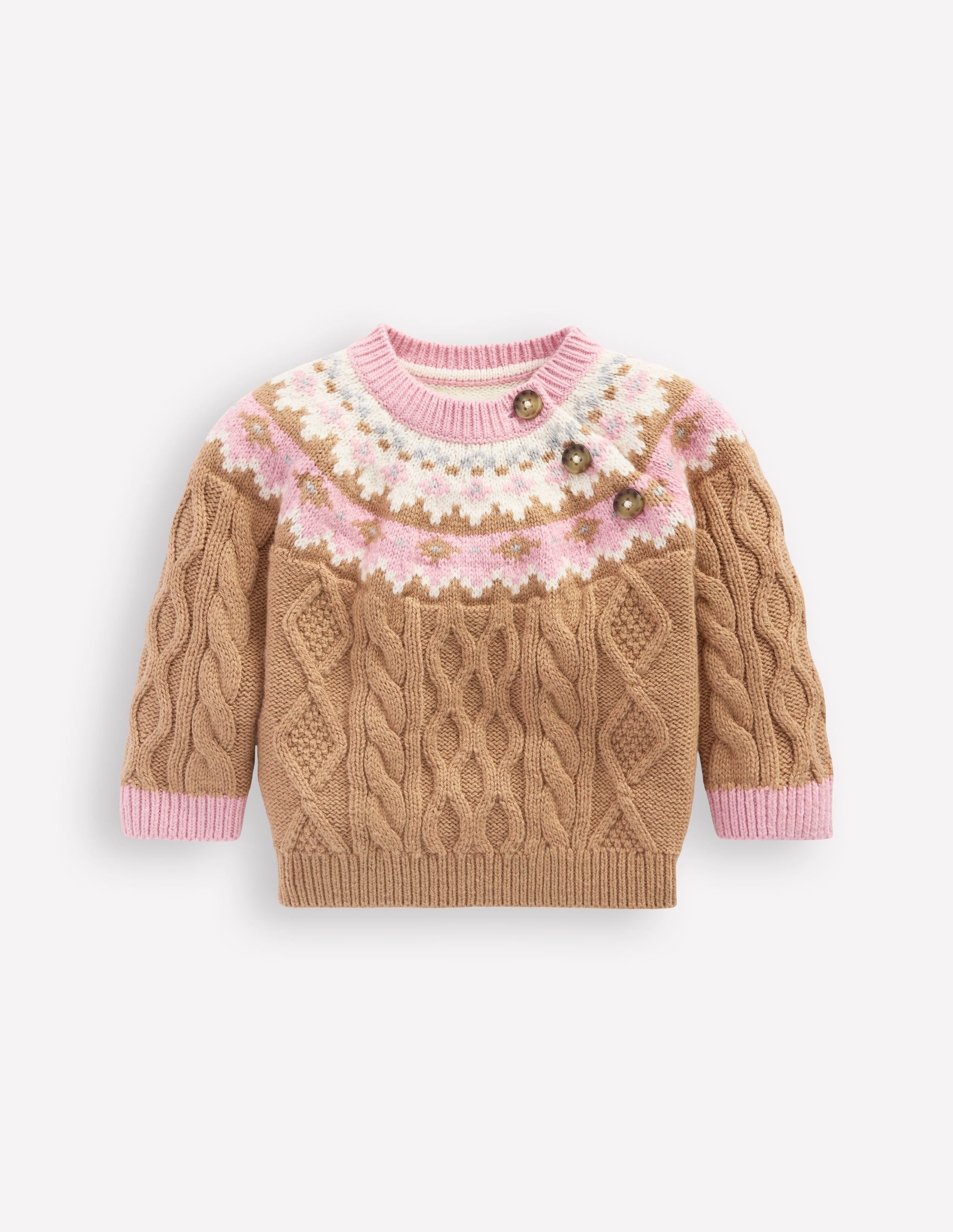 Girls Fair Isle Cable Jumper-Camel Melange Fair Isle - Image 1