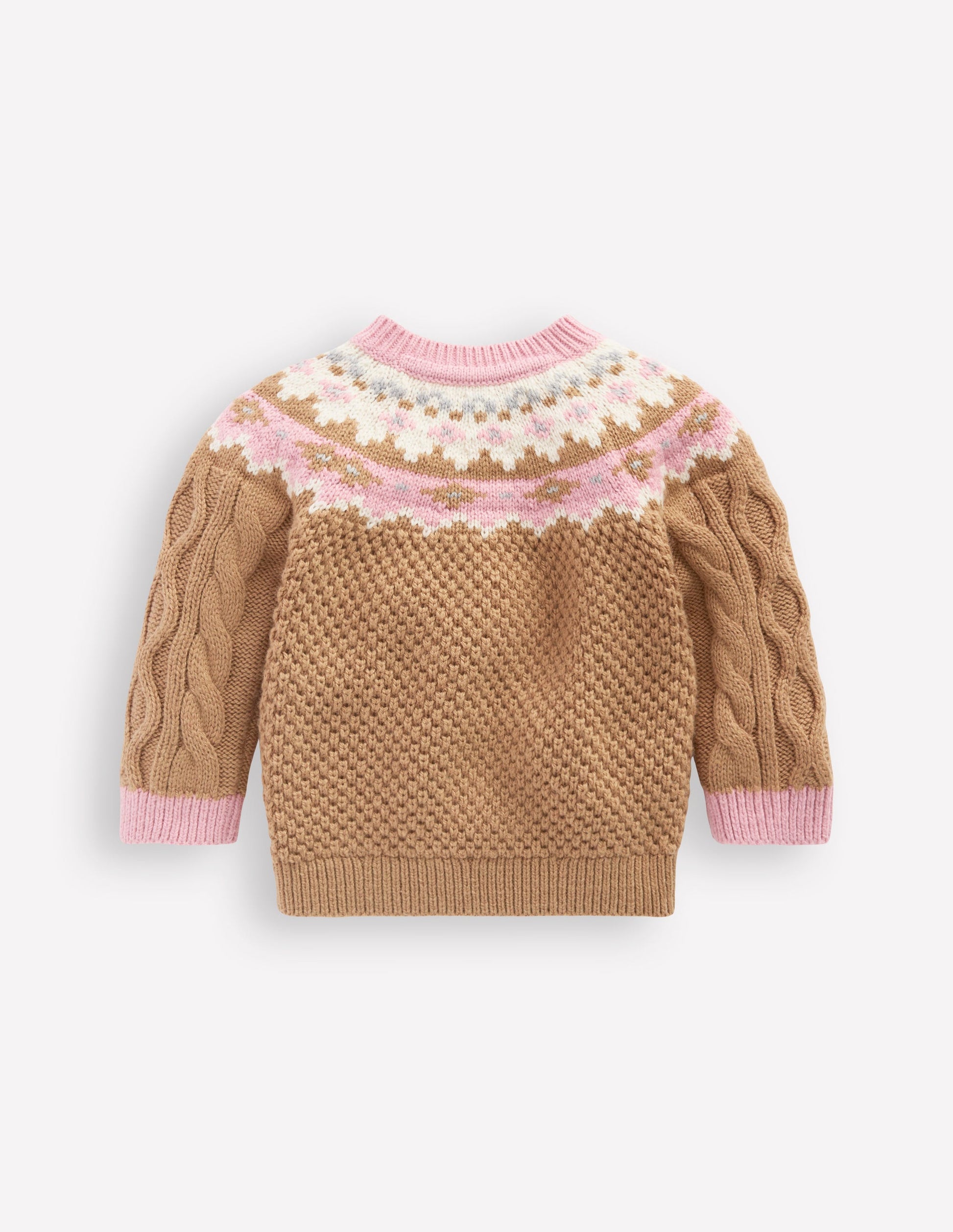 Girls Fair Isle Cable Jumper-Camel Melange Fair Isle-2