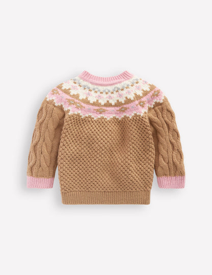 Girls Fair Isle Cable Jumper-Camel Melange Fair Isle-2