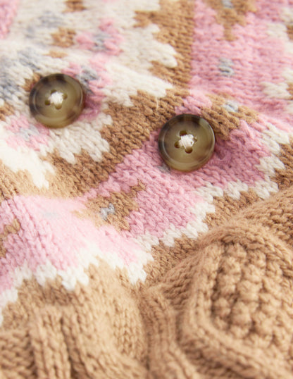 Girls Fair Isle Cable Jumper-Camel Melange Fair Isle-3