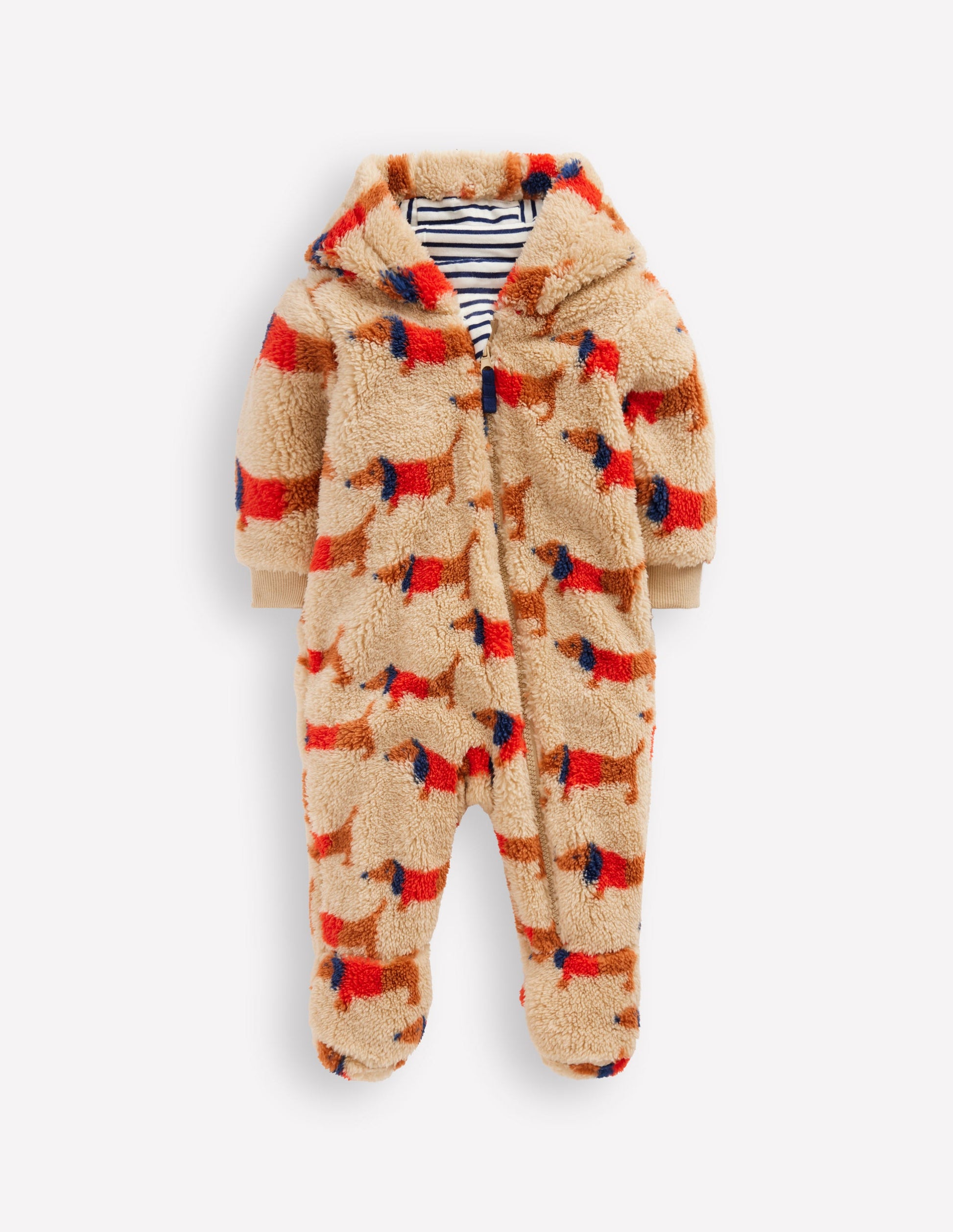Printed Fleece Pramsuit-Oatmeal/Mars Red Sausage Dogs-1