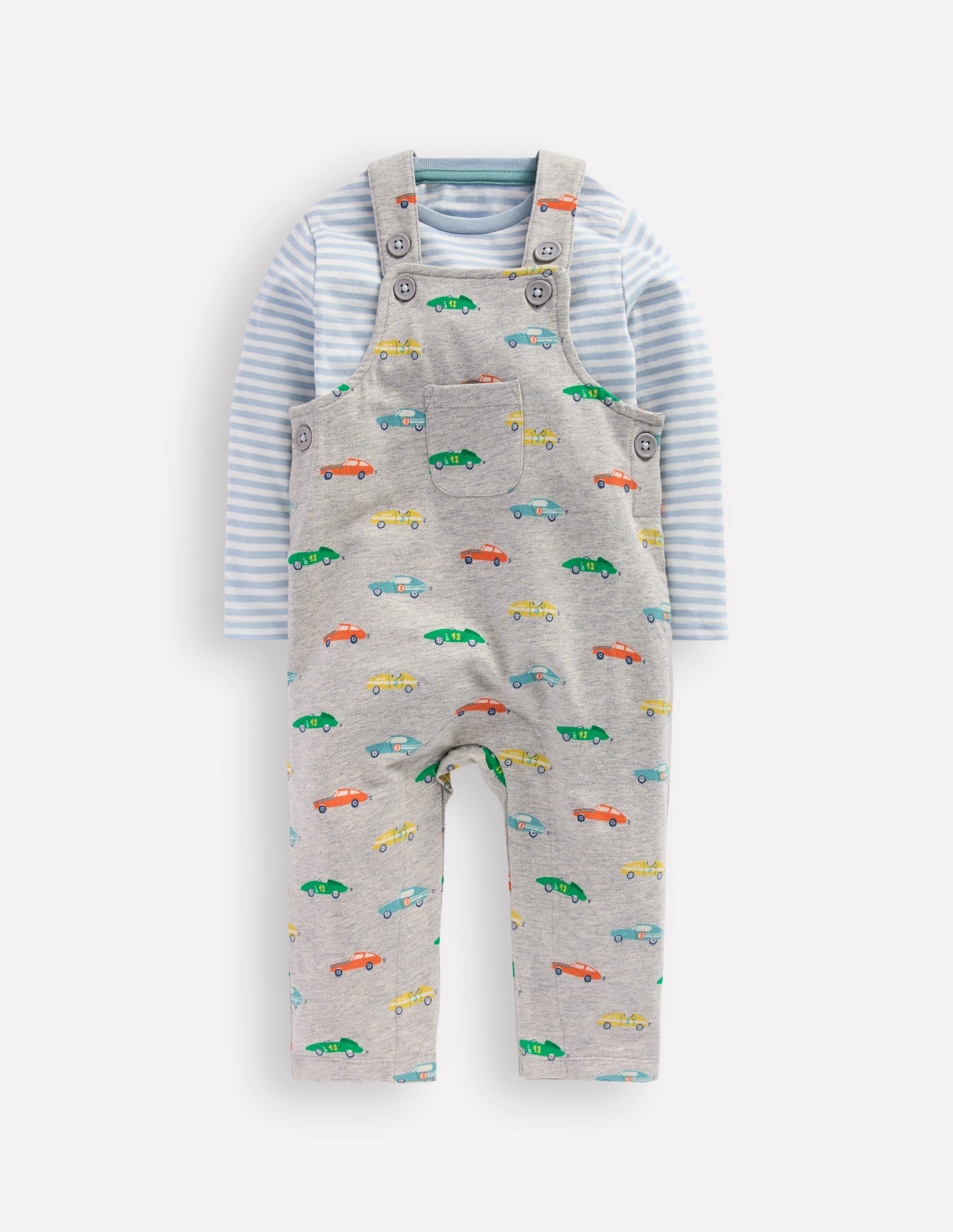 Jersey Dungaree Set-Grey Marl Cars - Image 1