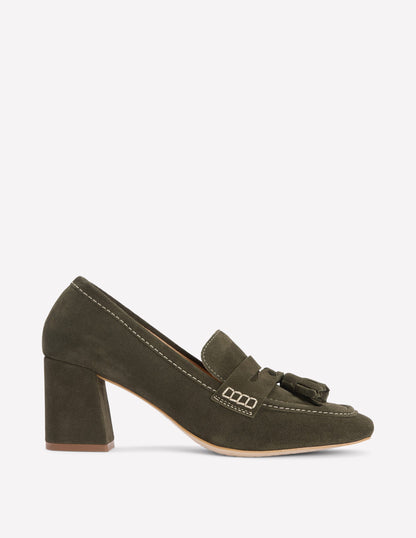 Sol Block Heeled Penny Loafers-Dark Moss-1