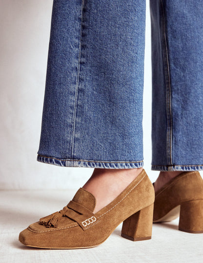 Sol Block Heeled Penny Loafers-Tan-2