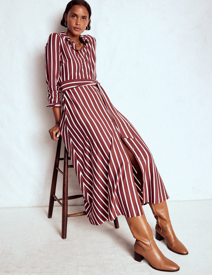 Marcia Jersey Shirt Dress-Chestnut and Ivory Stripe