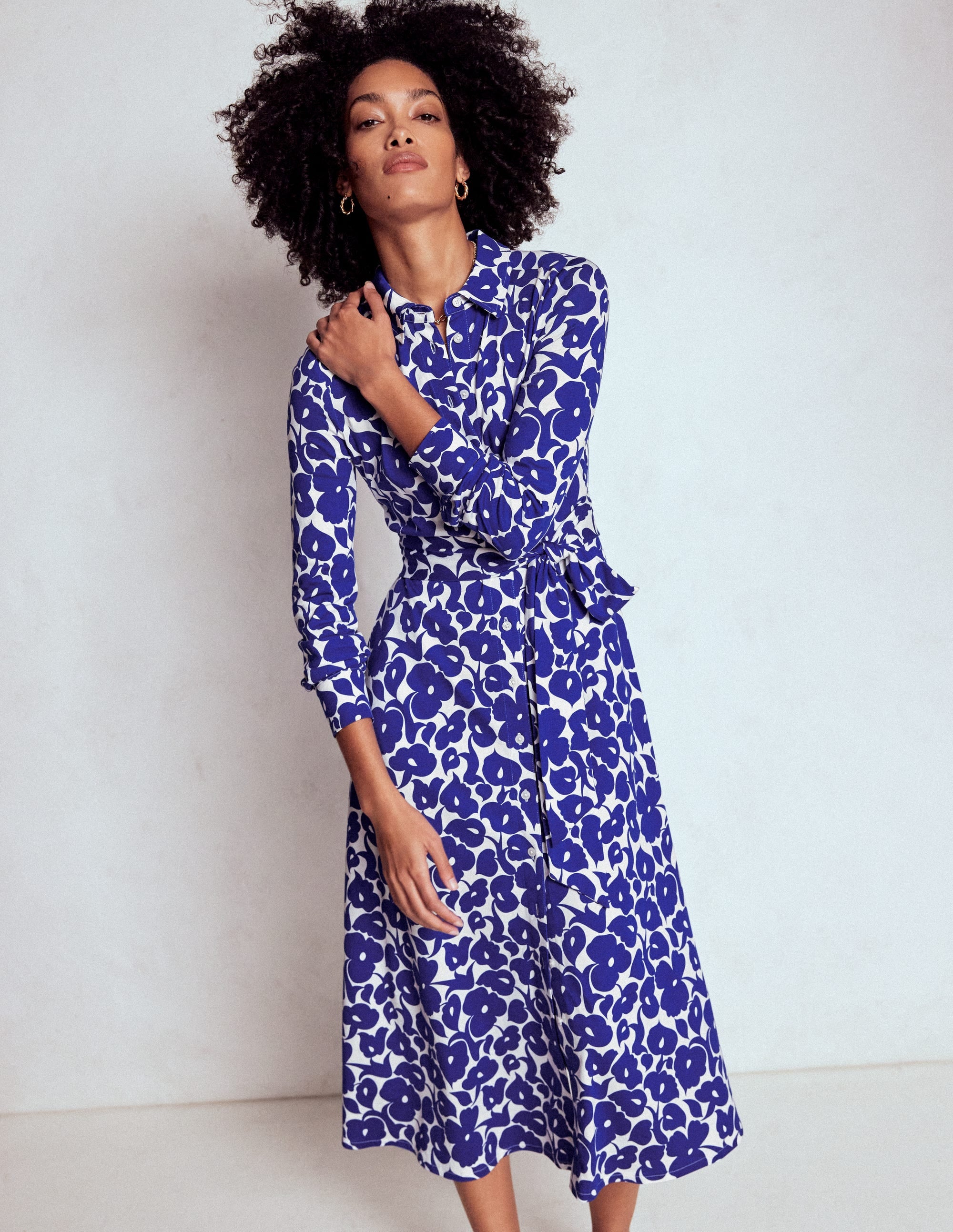 Marcia Jersey Shirt Dress-Bright Blue, Leafy Grove - Image 1