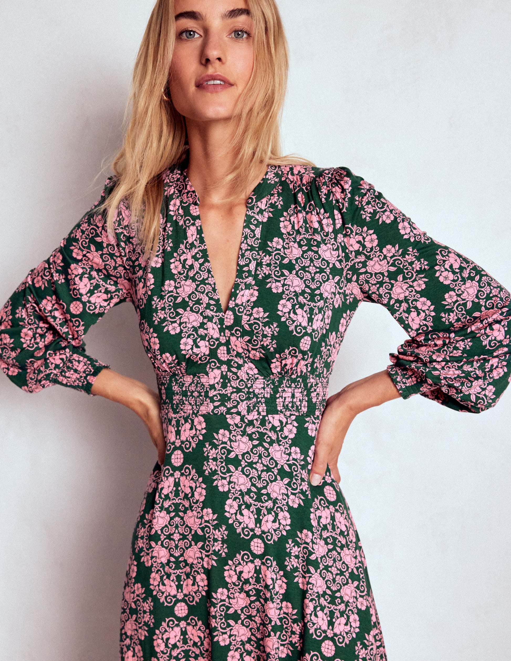 Ivy Smocked Midi Dress-Green, Ornamental Lattice-2