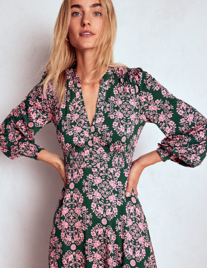 Ivy Smocked Midi Dress-Green, Ornamental Lattice-2