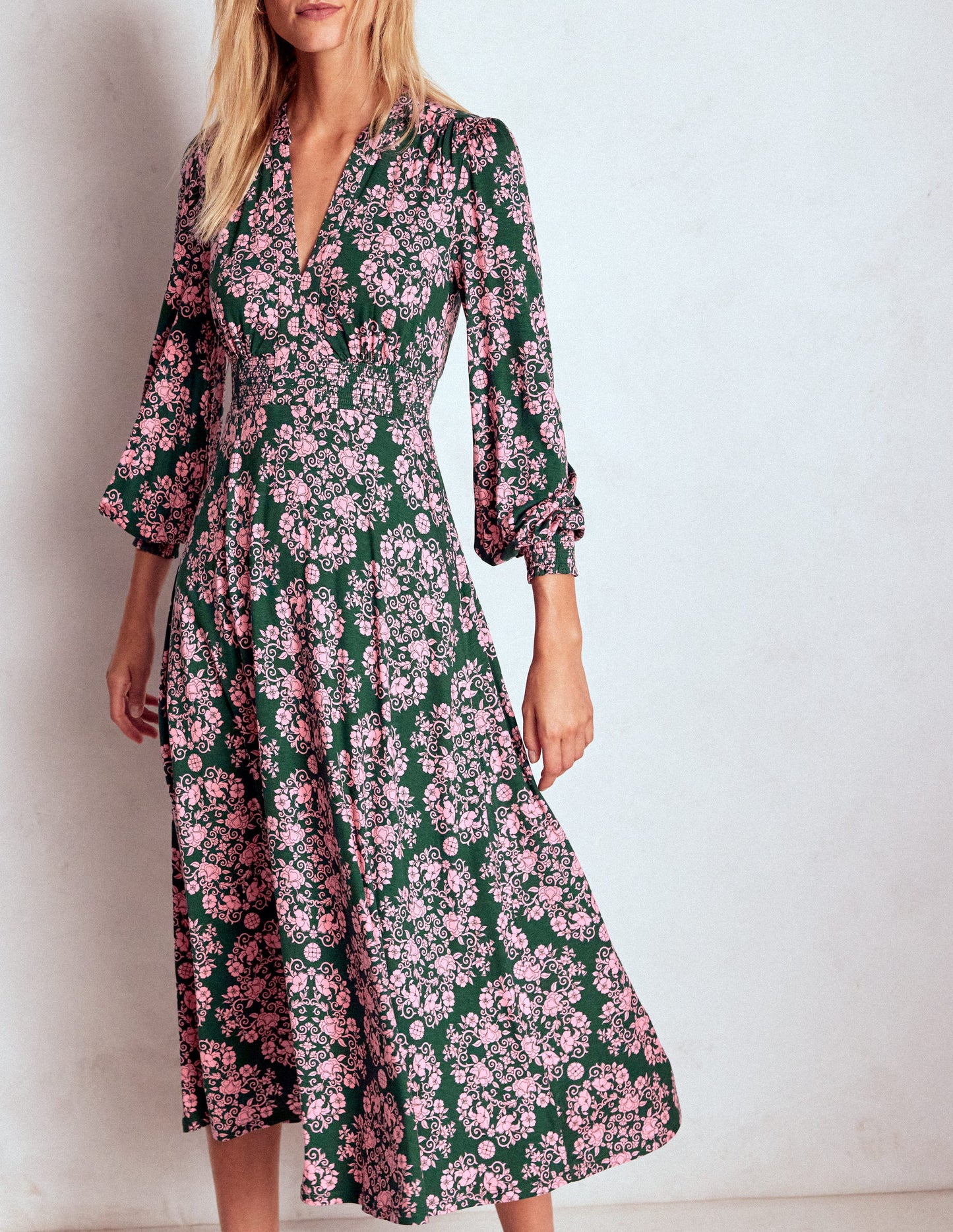 Ivy Smocked Midi Dress-Green, Ornamental Lattice