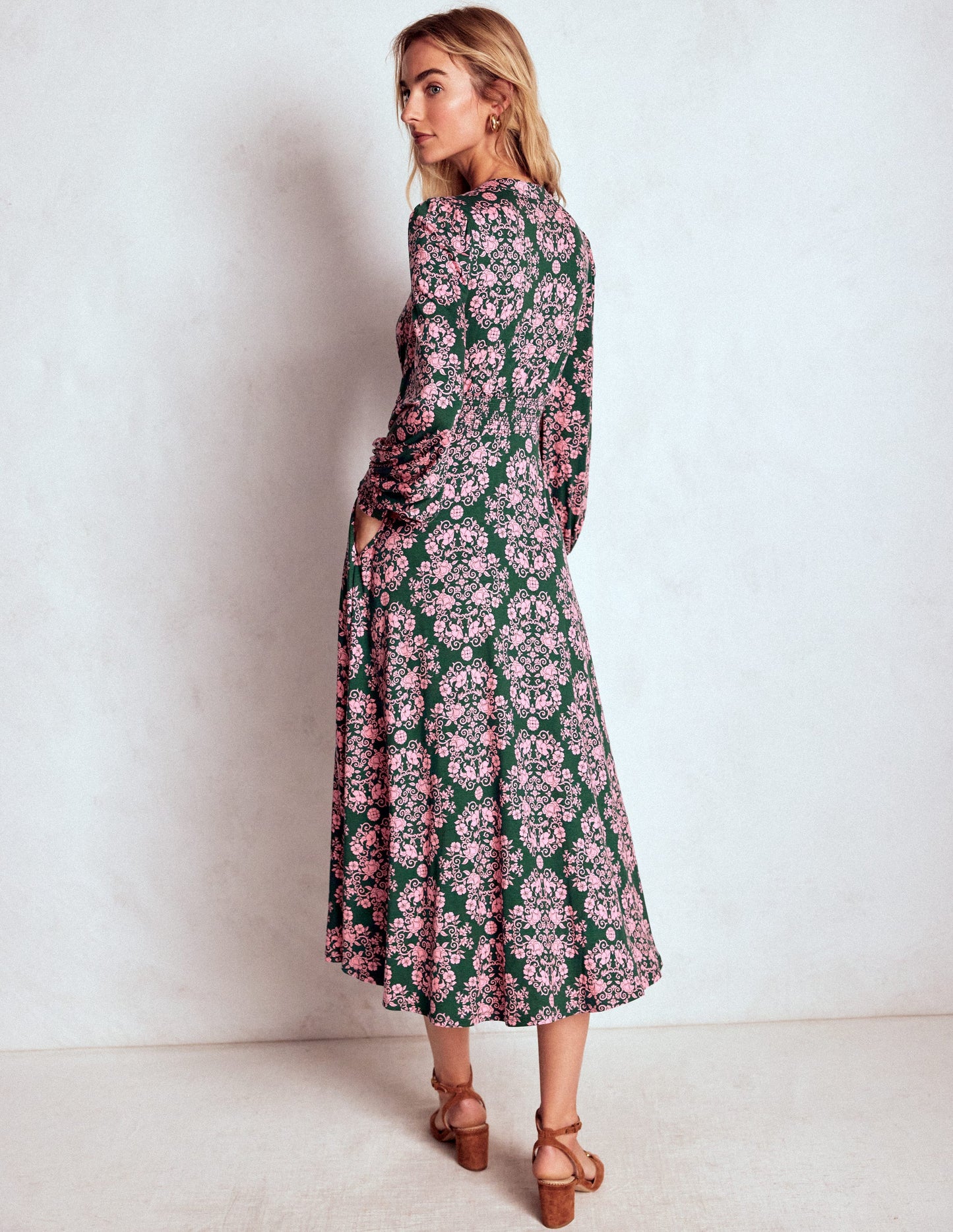 Ivy Smocked Midi Dress-Green, Ornamental Lattice