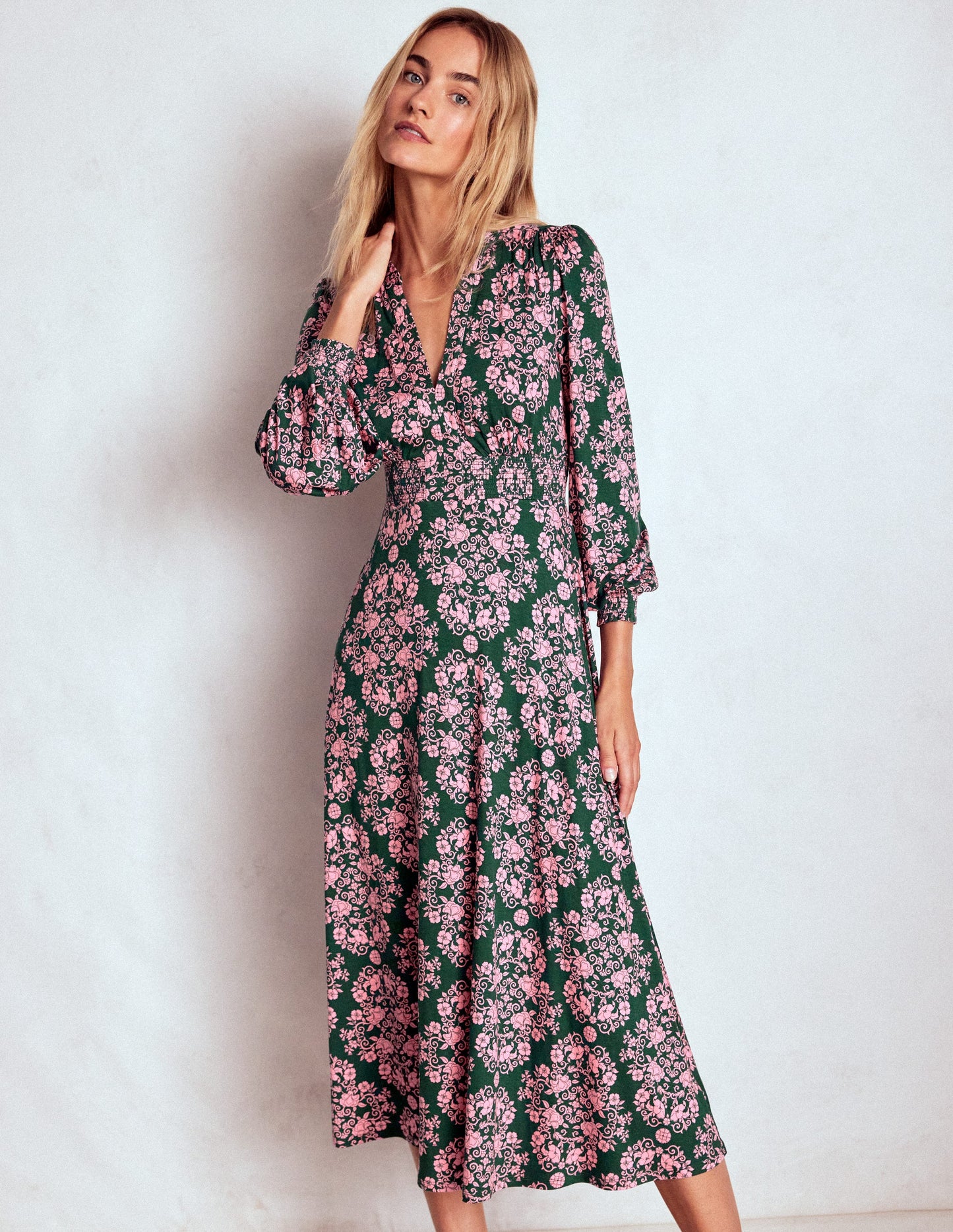 Ivy Smocked Midi Dress-Green, Ornamental Lattice