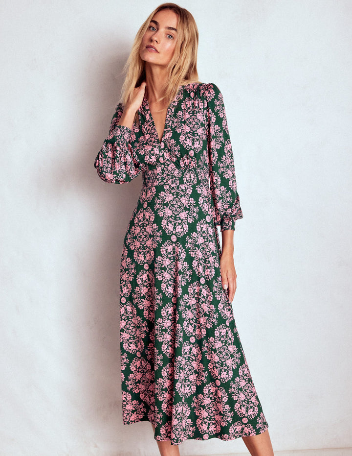 Ivy Smocked Midi Dress-Green, Ornamental Lattice