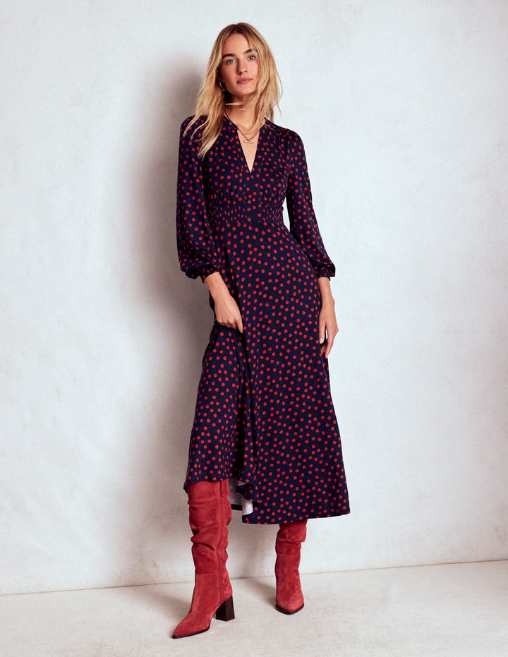 Ivy Smocked Midi Dress-French Navy, Painted Dot