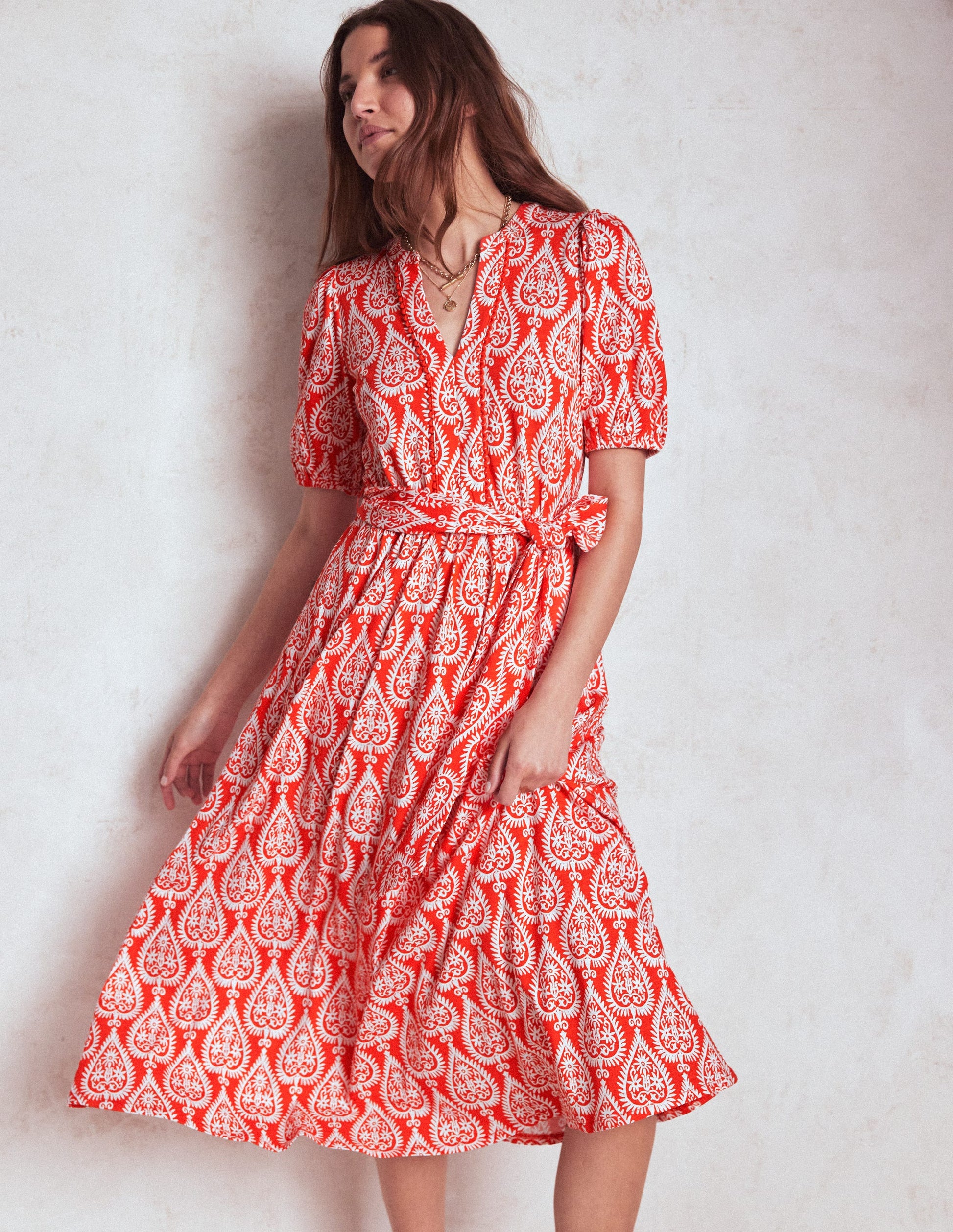 Sofia Trim Jersey Midi Dress-Firecracker Red, Ornate Geo | Boden UK Sofia Trim Jersey Midi Dress-Firecracker Red, Ornate Geo | Boden UK