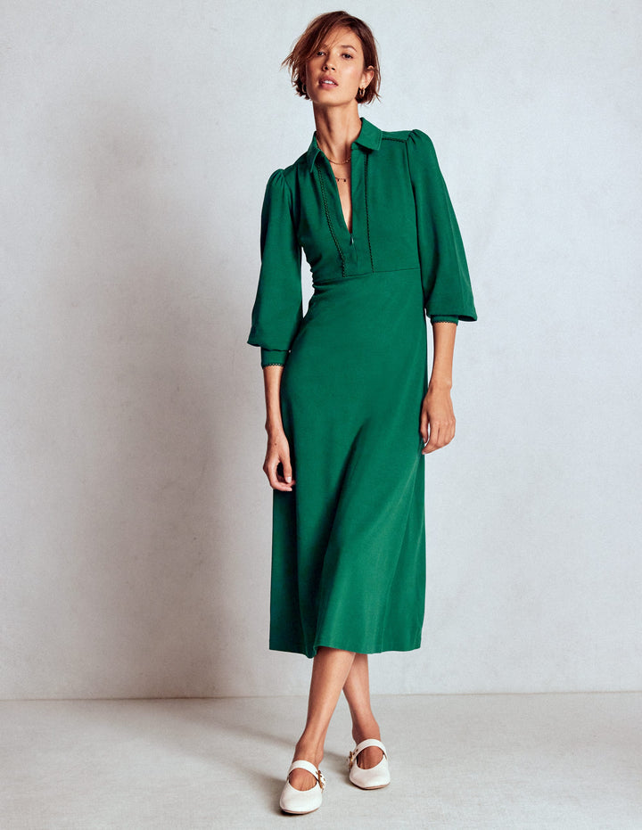 Pip Zip-Up Ponte Midi Dress-Emerald Night