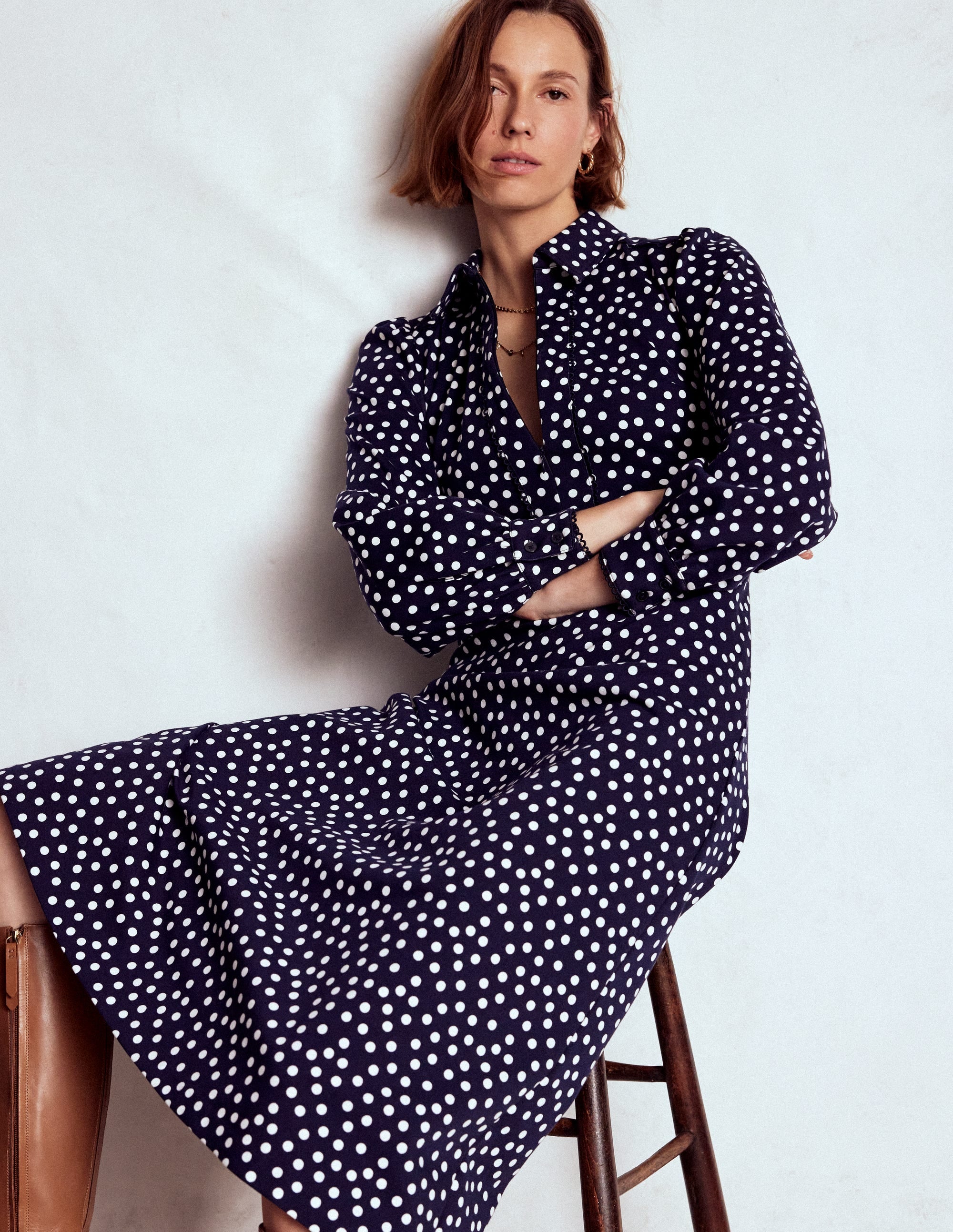 Pip Zip-Up Ponte Midi Dress-French Navy, Painted Dot - Image 1
