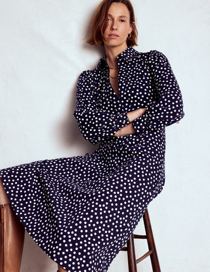 Pip Zip-Up Ponte Midi Dress-French Navy, Painted Dot-1