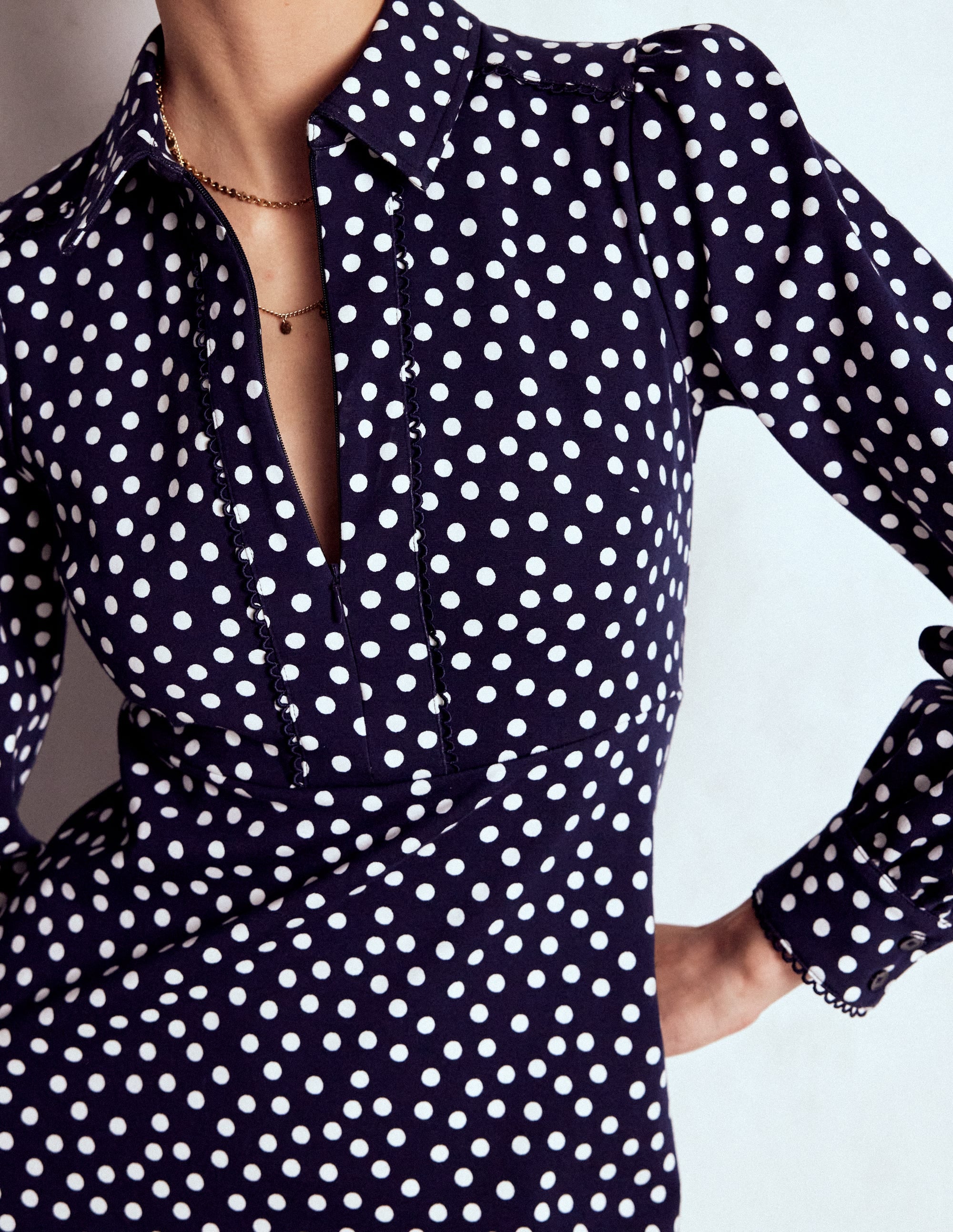 Pip Zip-Up Ponte Midi Dress-French Navy, Painted Dot - Image 2