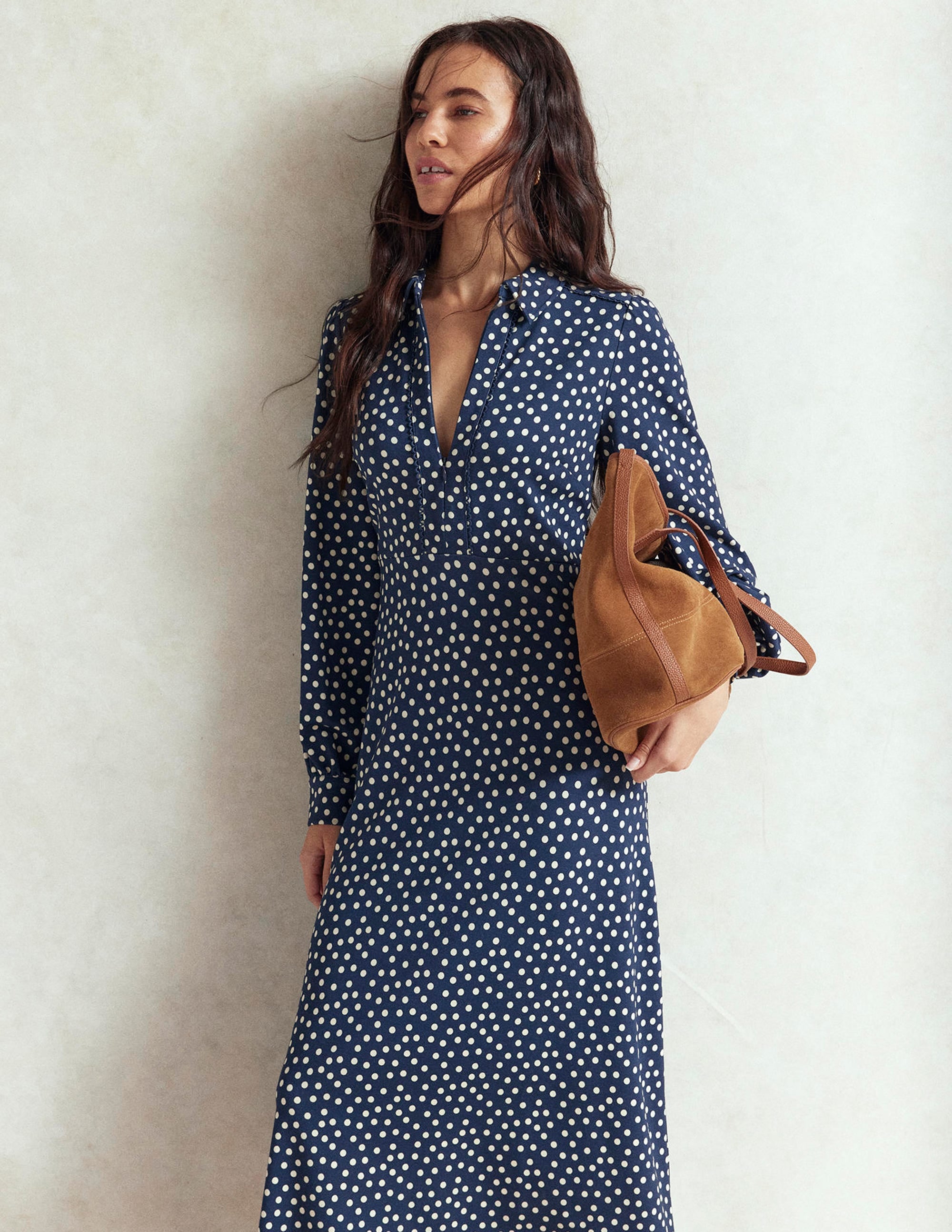 Pip Zip-Up Ponte Midi Dress-French Navy, Painted Dot - Image 6