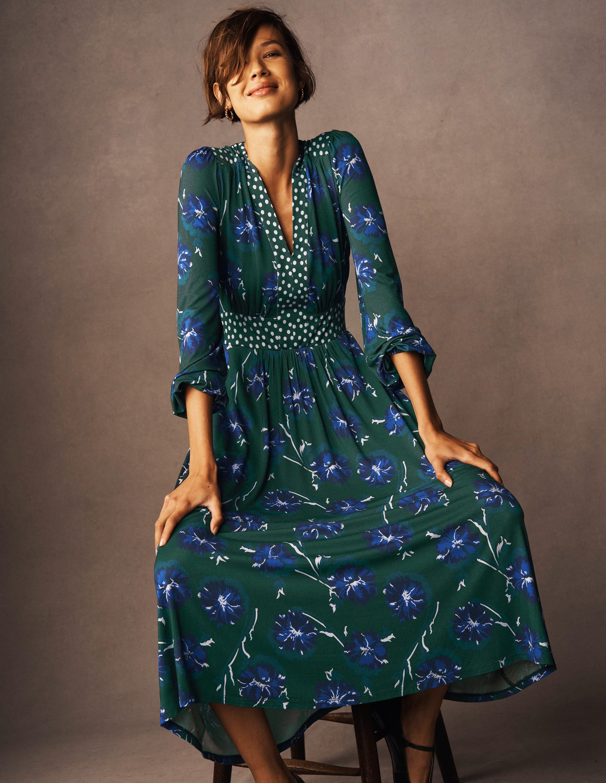 Lily Long Sleeve Midi Dress-Emerald, Delicate Carnation - Image 5