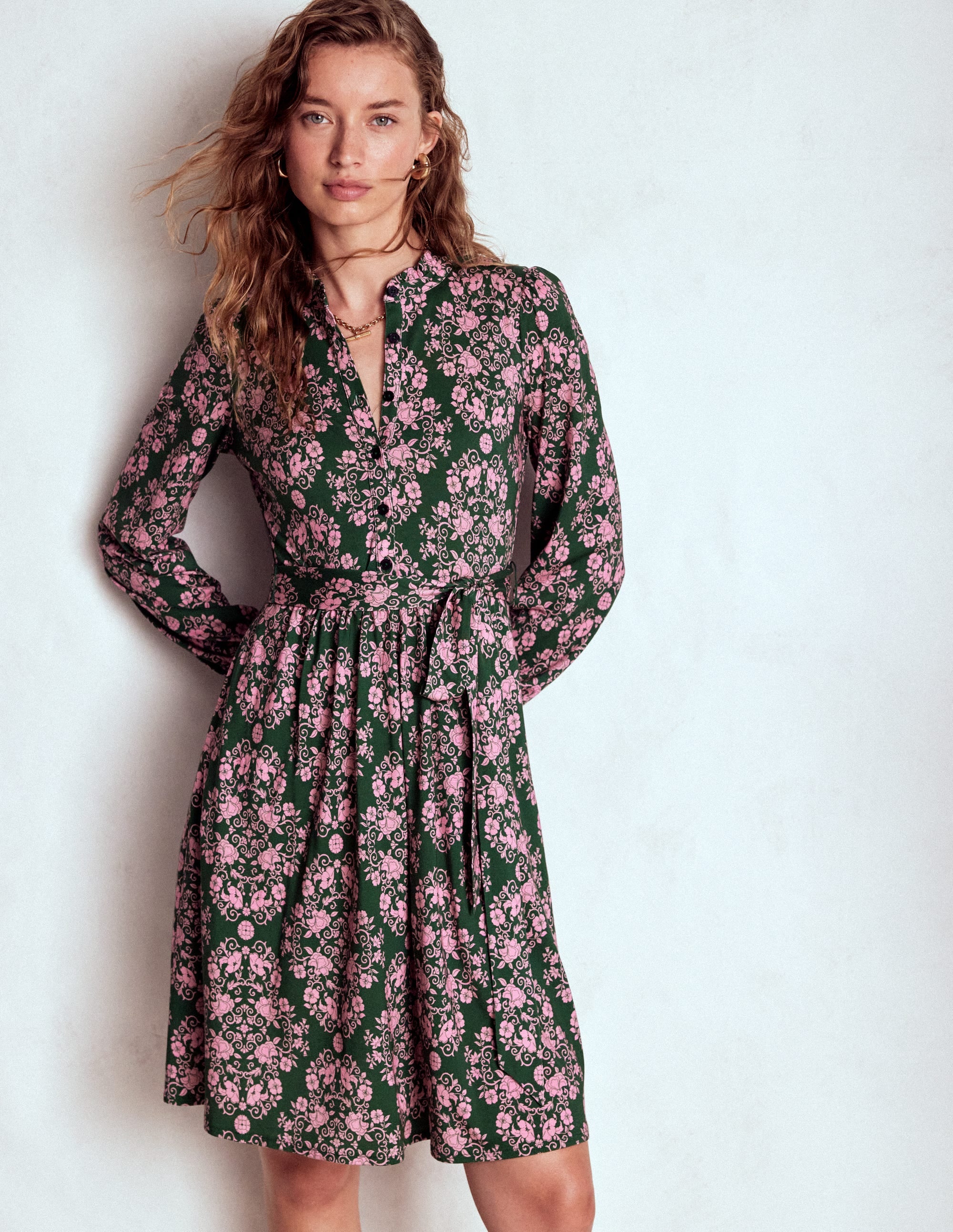 Willow Ruffle Neck Shirt Dress-Green, Ornamental Lattice - Image 1