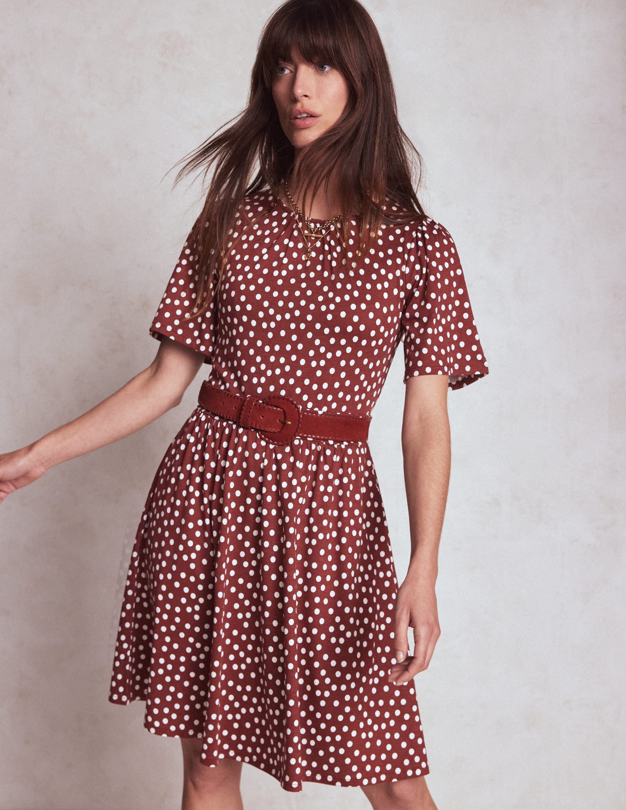 Louisa Short Jersey Dress-Chestnut, Painted Dot - Image 1