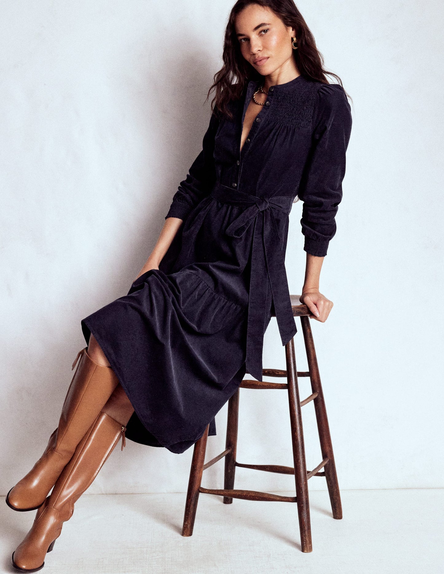 Cecily Cord Midi Dress-Navy