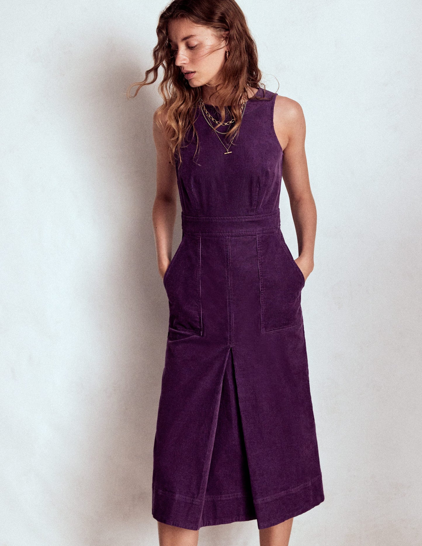 Ula Box Pleat Cord Midi Dress-Viola Purple