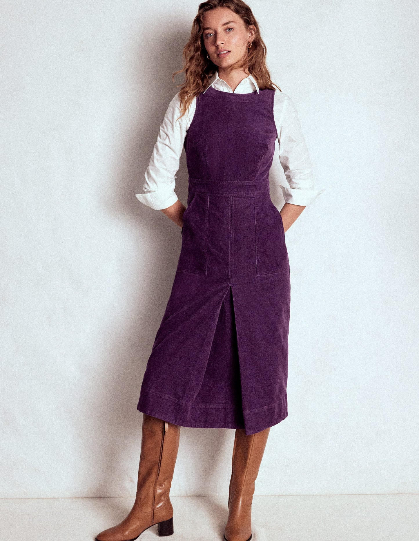 Ula Box Pleat Cord Midi Dress-Viola Purple