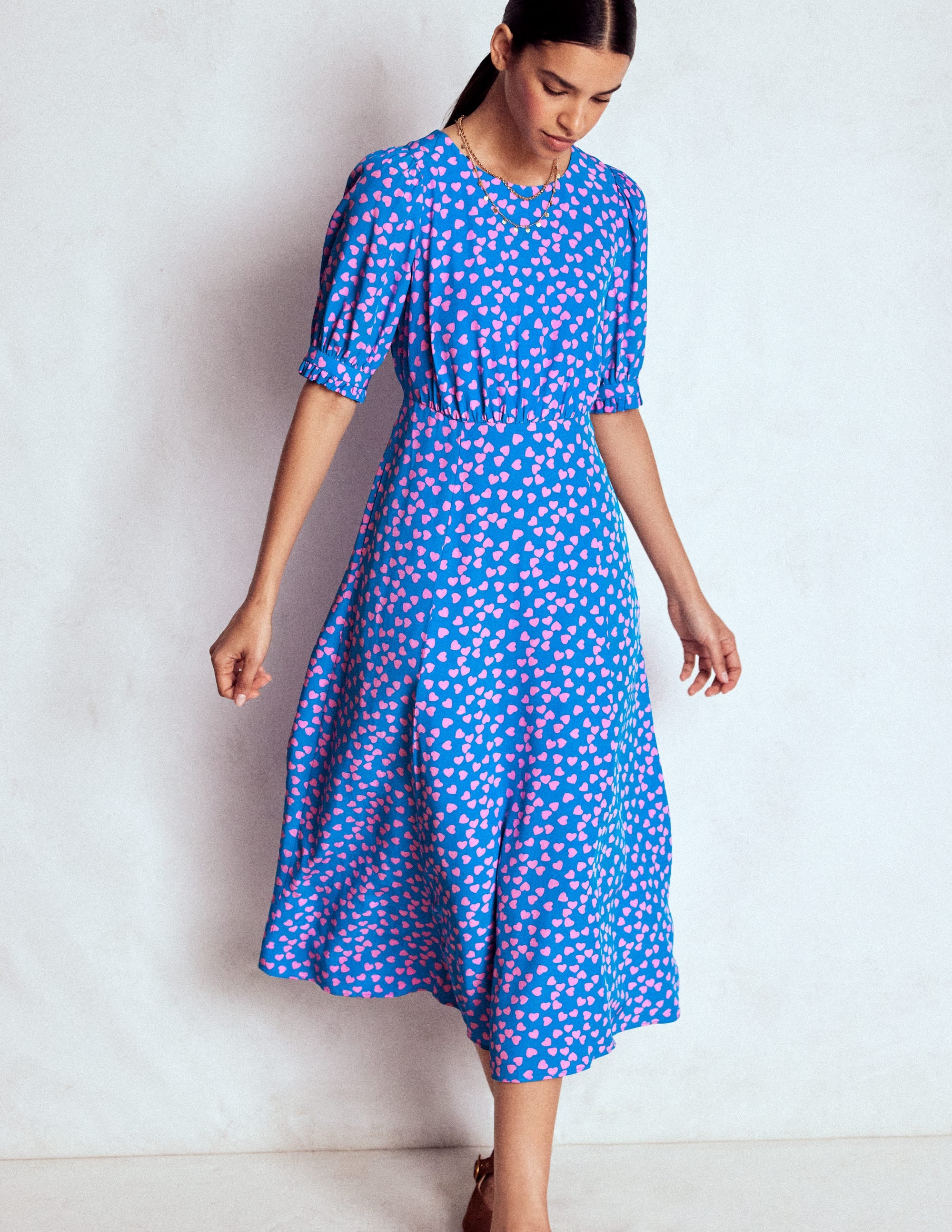 Blanca Midi Tea Dress-Kingfisher Blue, Heart Cascade - Image 1
