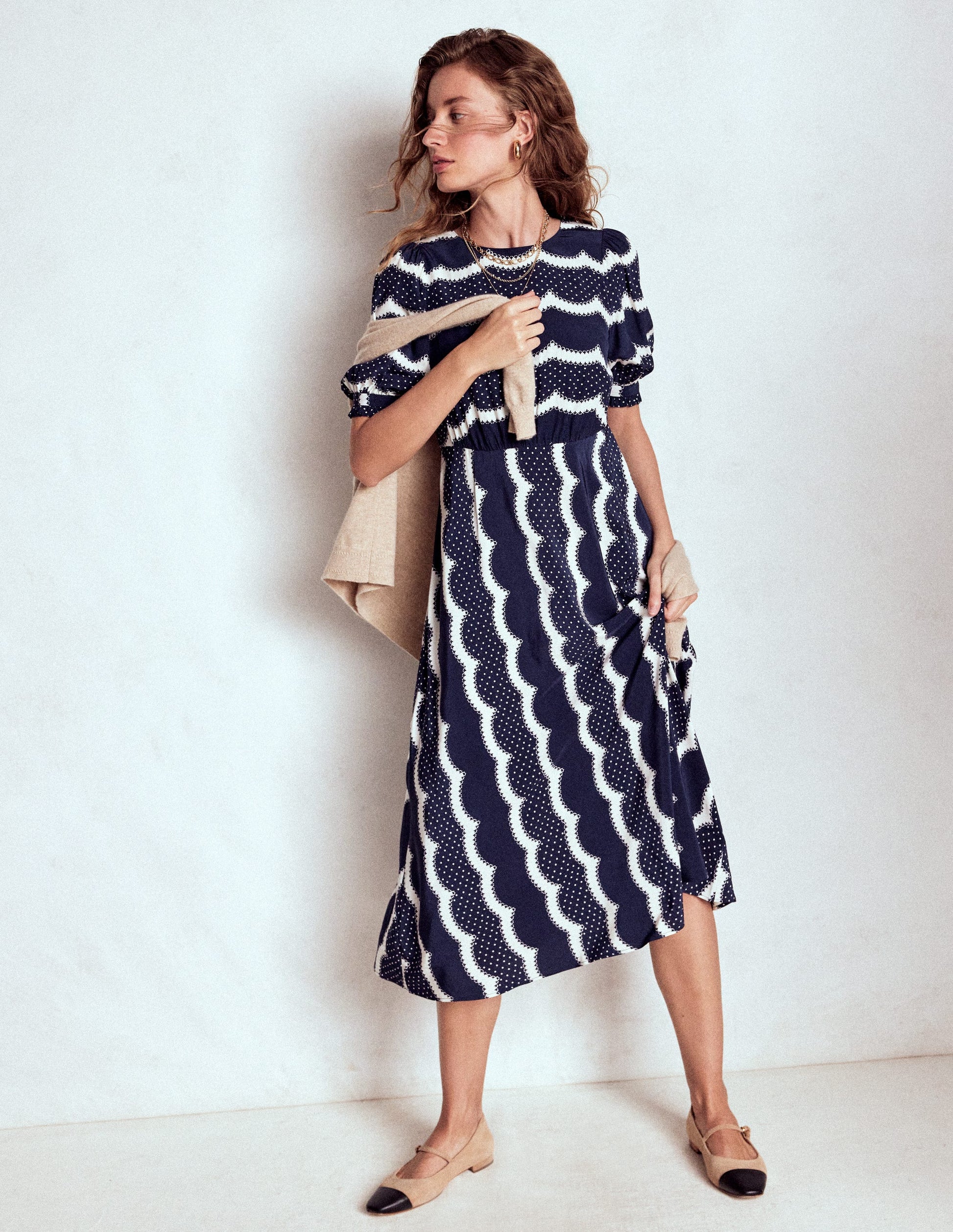 Blanca Midi Tea Dress-French Navy, Dainty Scallop Boden UK