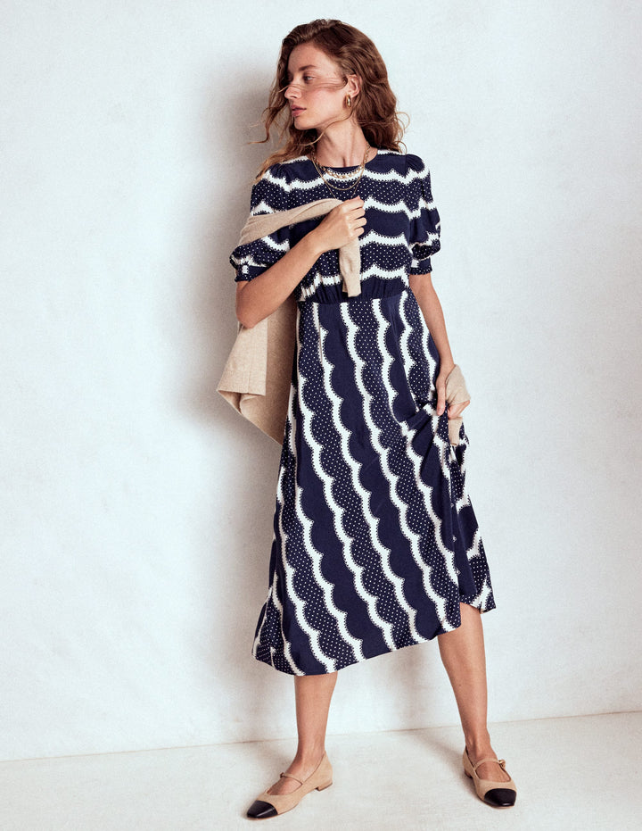 Blanca Midi Tea Dress-French Navy, Dainty Scallop