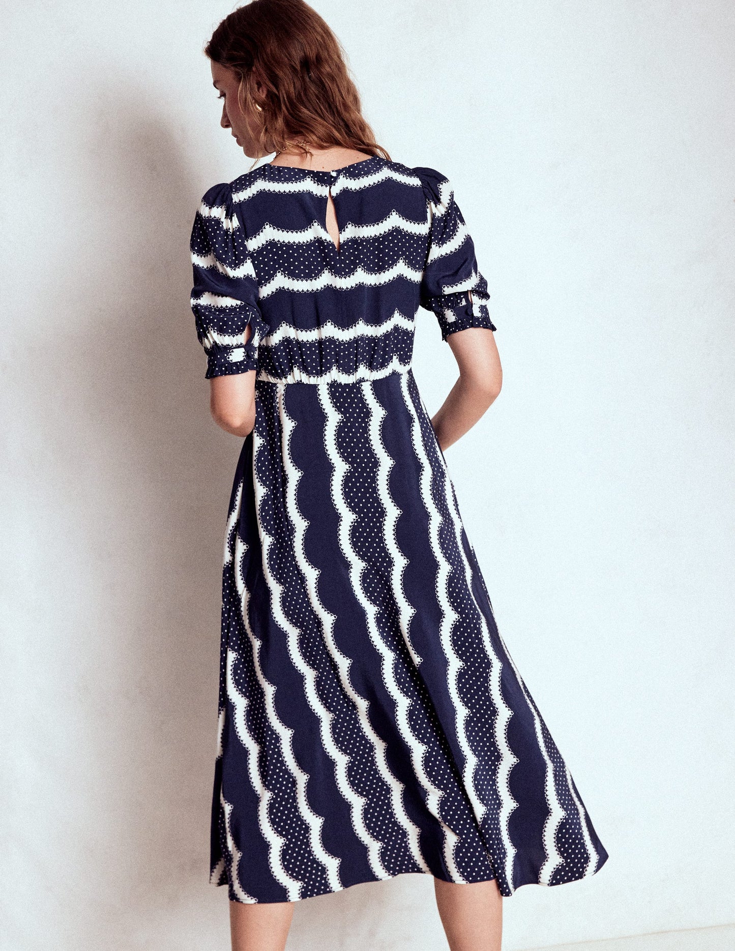 Blanca Midi Tea Dress-French Navy, Dainty Scallop